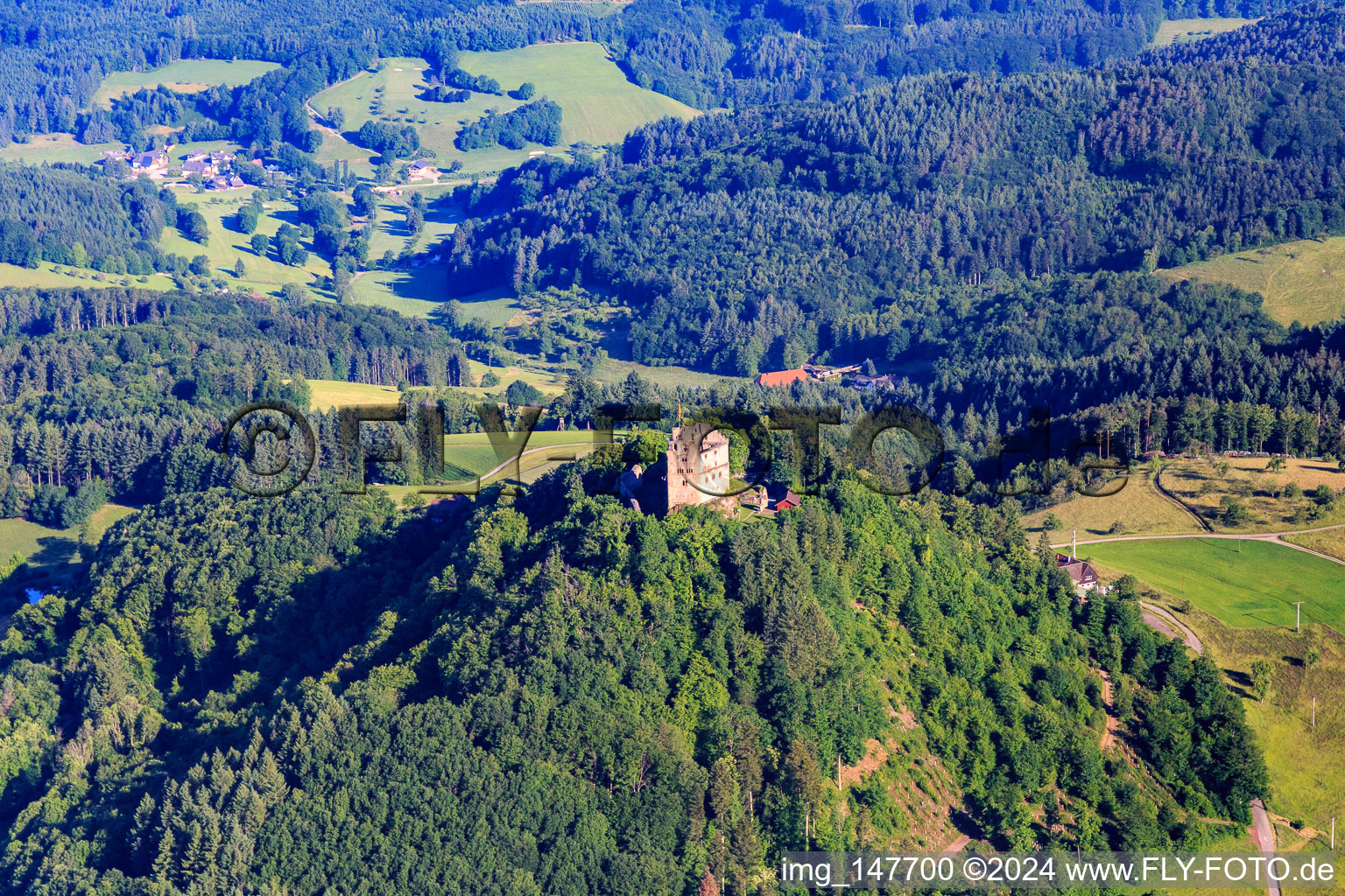 Vue aérienne de Ruines du château de Hohengeroldseck sur le Schloßberg depuis le sud à Seelbach dans le département Bade-Wurtemberg, Allemagne