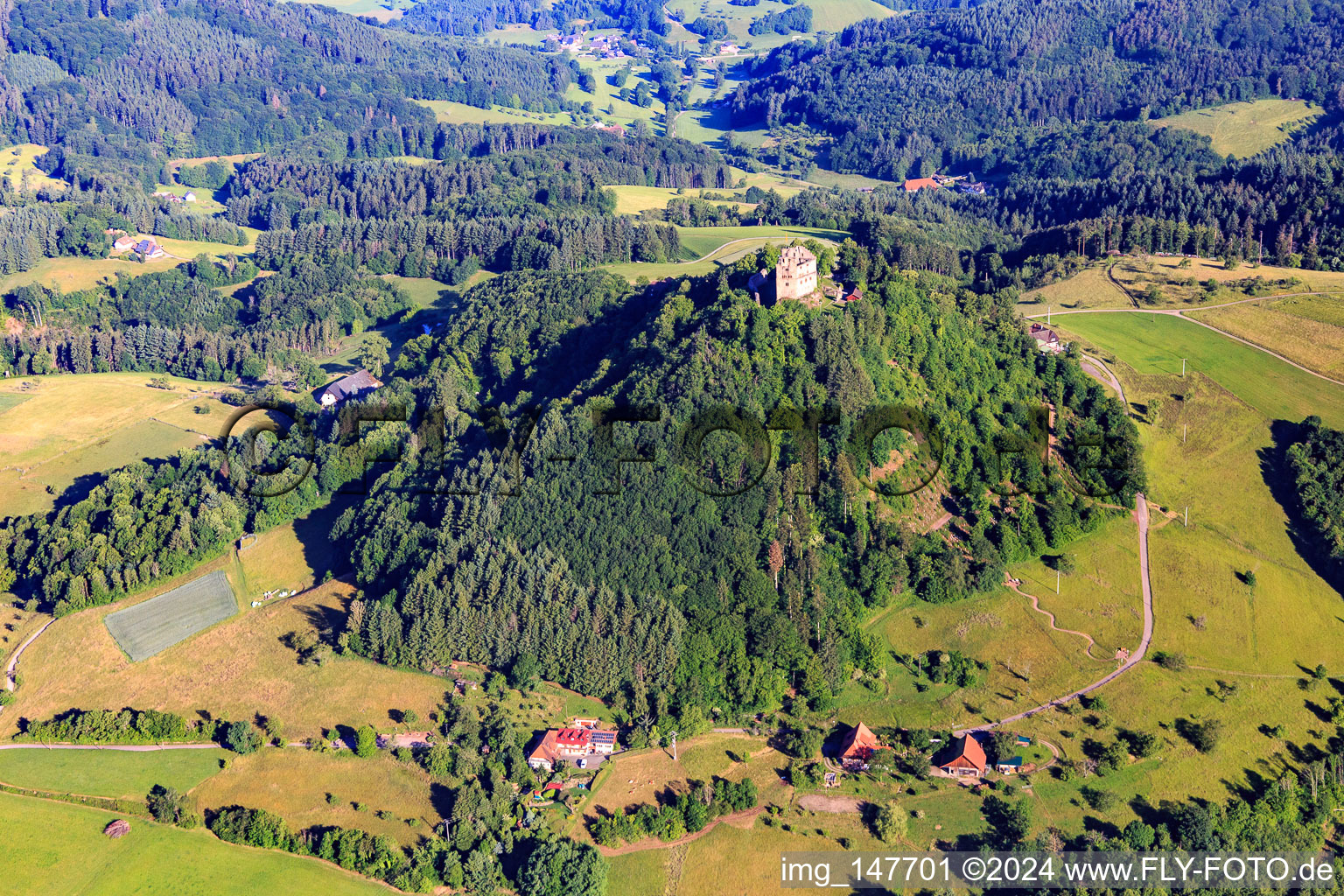 Vue aérienne de Ruines du château de Hohengeroldseck sur le Schloßberg depuis le sud à Seelbach dans le département Bade-Wurtemberg, Allemagne