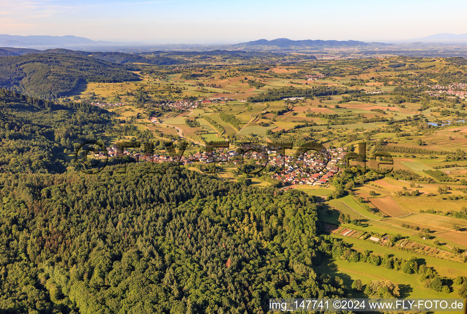 Vue aérienne de Vue d'ensemble du village depuis le nord-est à le quartier Wallburg in Ettenheim dans le département Bade-Wurtemberg, Allemagne