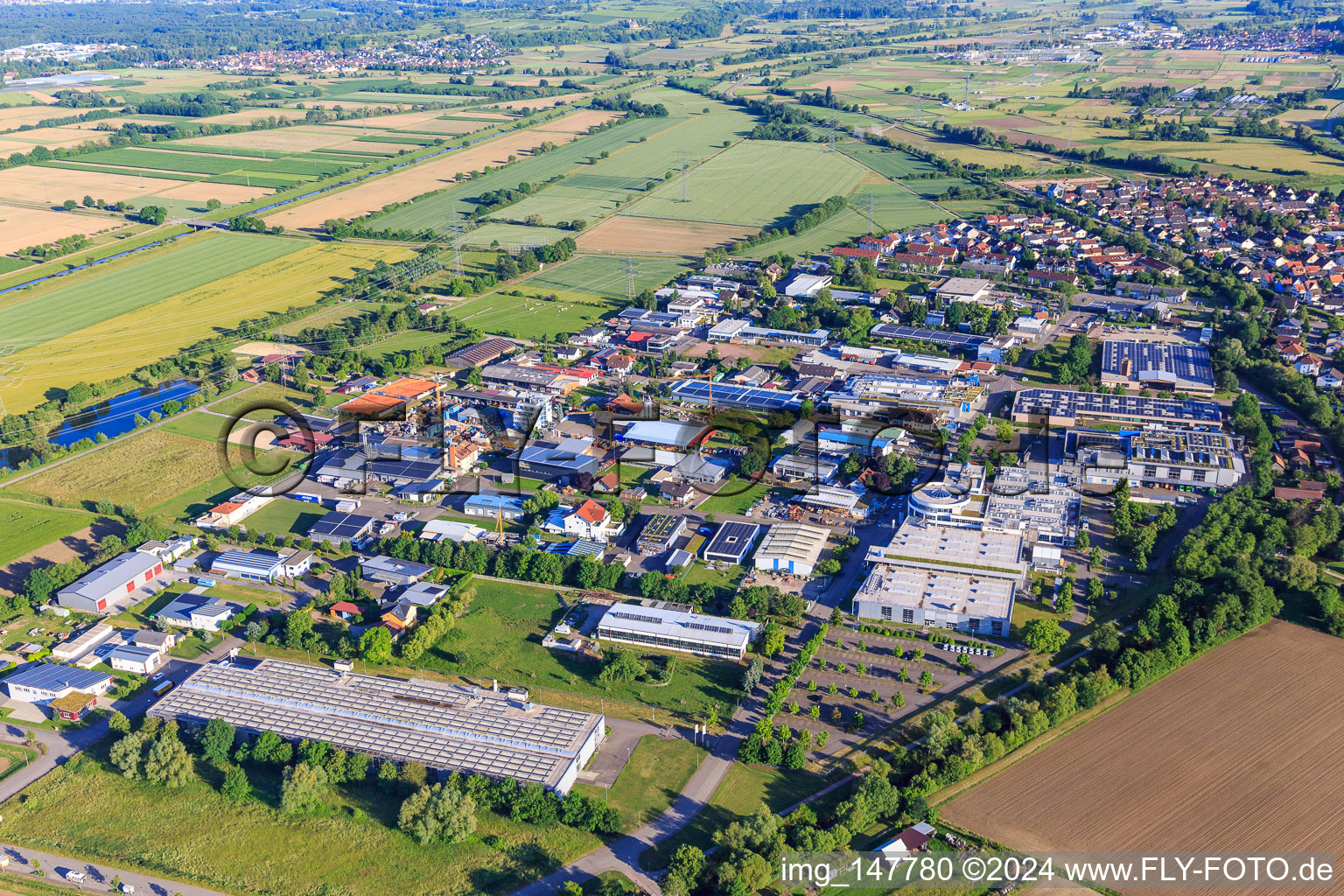 Vue aérienne de Zone industrielle sur l'ancien Dreisam avec Otto Männer GmbH et Maier Küchen GmbH à Bahlingen am Kaiserstuhl dans le département Bade-Wurtemberg, Allemagne