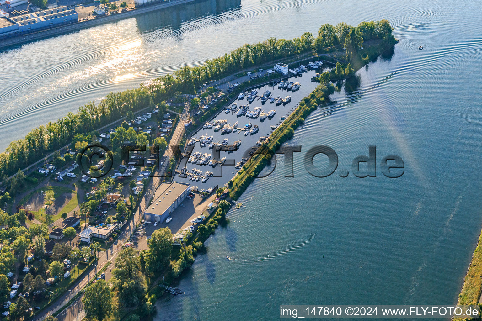 Vue aérienne de Port de plaisance - Fuchs Hafen - Marina sur l'Île du Rhin : Port de plaisance du Nautic Club Ile Du Rhin sur le Rhin à Biesheim dans le département Haut-Rhin, France