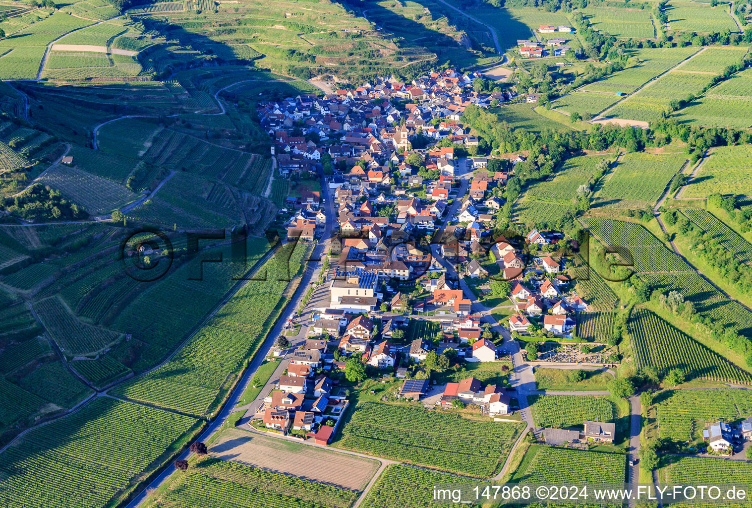 Photographie aérienne de Village viticole du Kaiserstuhl vu du sud-ouest à le quartier Achkarren in Vogtsburg im Kaiserstuhl dans le département Bade-Wurtemberg, Allemagne
