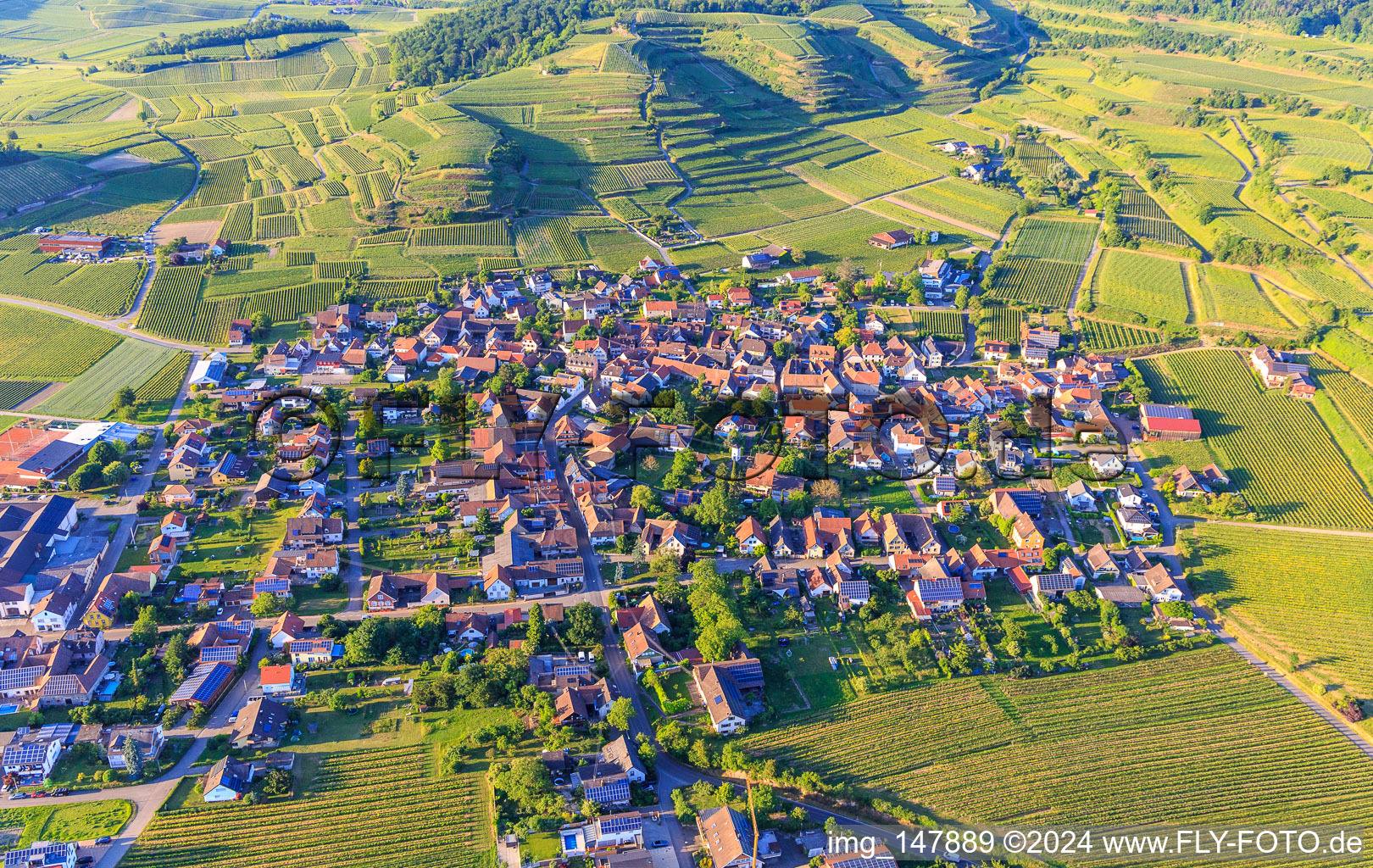 Vue aérienne de Village viticole du Kaiserstuhl vu du sud à le quartier Bischoffingen in Vogtsburg im Kaiserstuhl dans le département Bade-Wurtemberg, Allemagne