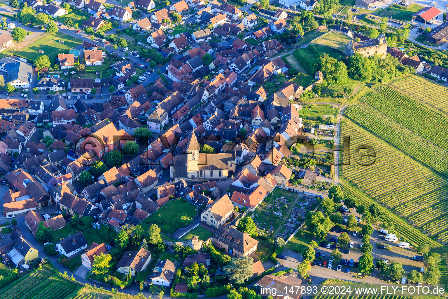 Vue aérienne de Église Saint-Pancrace et cimetière à le quartier Burkheim in Vogtsburg im Kaiserstuhl dans le département Bade-Wurtemberg, Allemagne