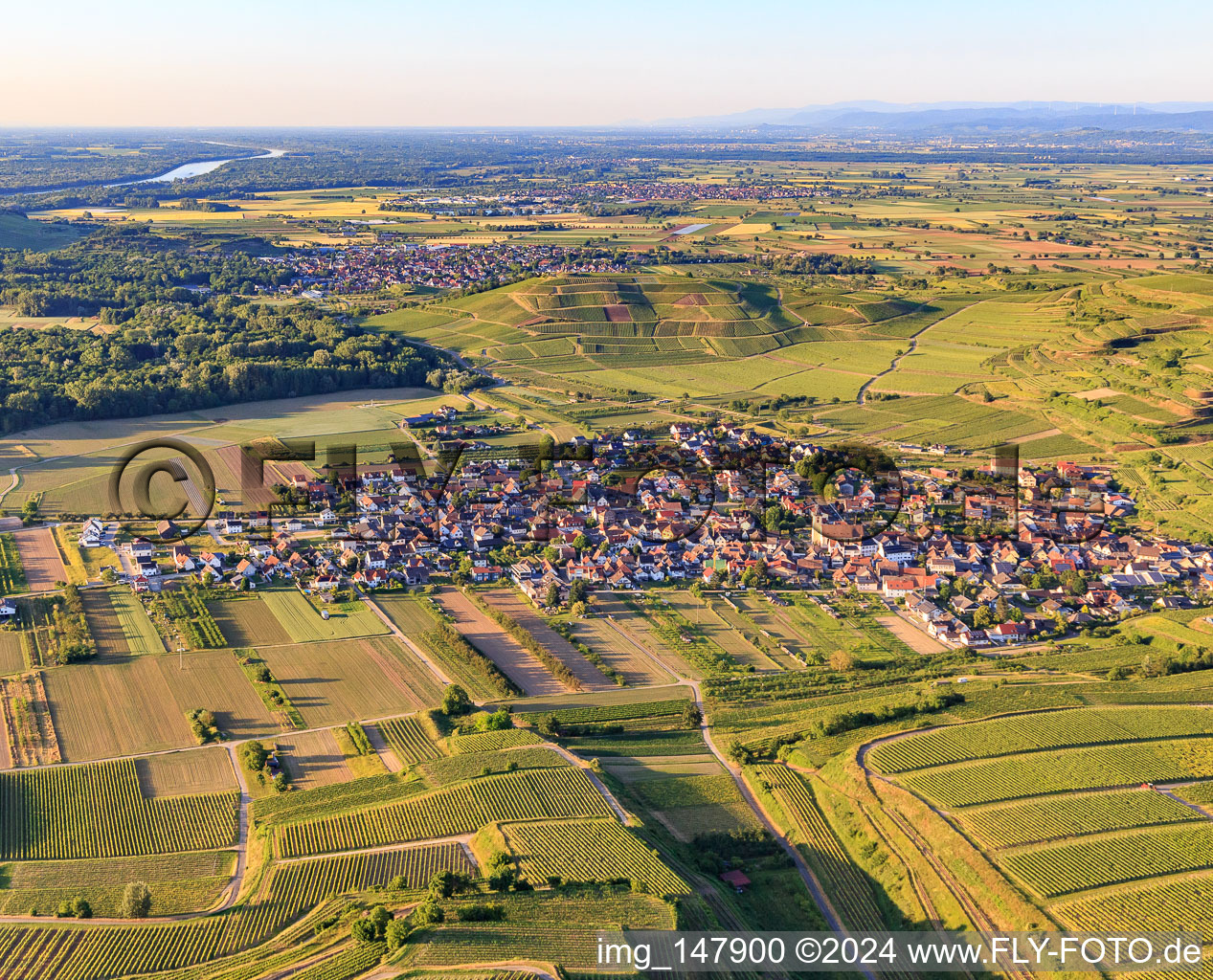 Vue aérienne de Vue du village depuis le sud à le quartier Jechtingen in Sasbach am Kaiserstuhl dans le département Bade-Wurtemberg, Allemagne