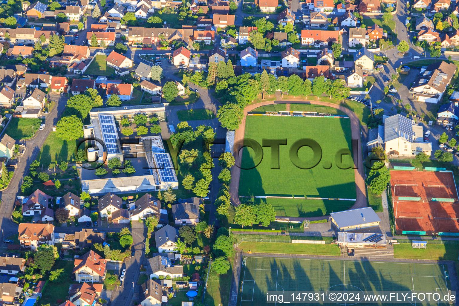 Vue aérienne de Terrain de sport du SC Wyhl à la Werkrealschule Nördlicher Kaiserstuhl à Wyhl am Kaiserstuhl dans le département Bade-Wurtemberg, Allemagne