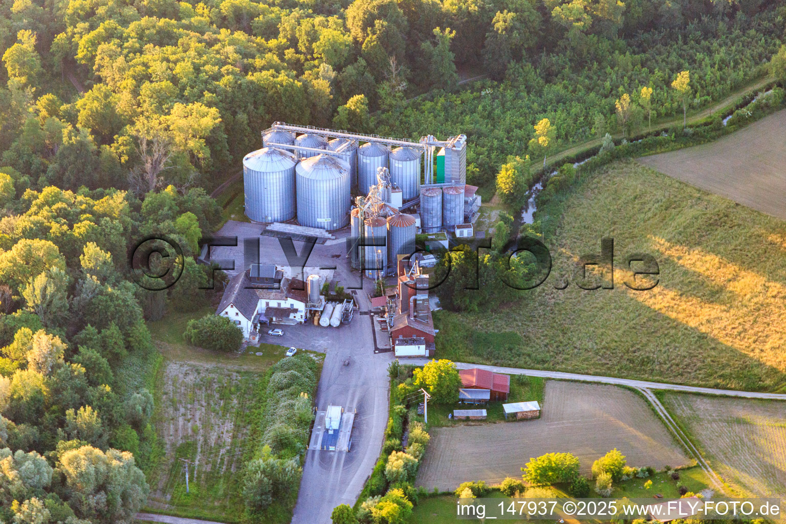 Vue aérienne de Silo à grains ZG Raiffeisen à Wyhl am Kaiserstuhl dans le département Bade-Wurtemberg, Allemagne