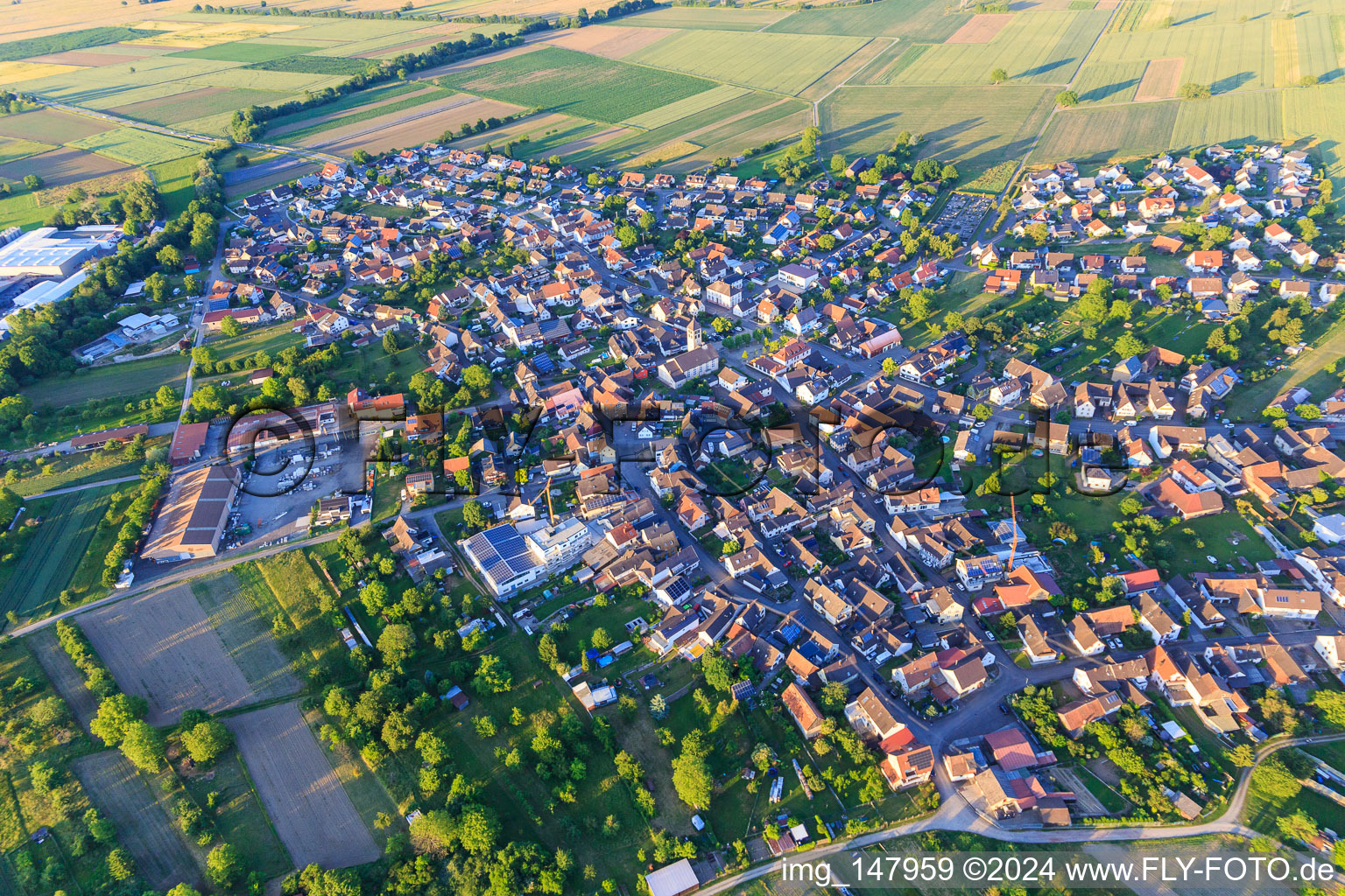 Vue aérienne de Vue d'ensemble de la ville depuis l'ouest avec Witt GmbH à le quartier Niederhausen in Rheinhausen dans le département Bade-Wurtemberg, Allemagne