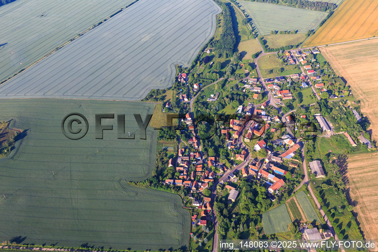 Vue aérienne de Vue du village depuis le nord-est à le quartier Ulzigerode in Arnstein dans le département Saxe-Anhalt, Allemagne