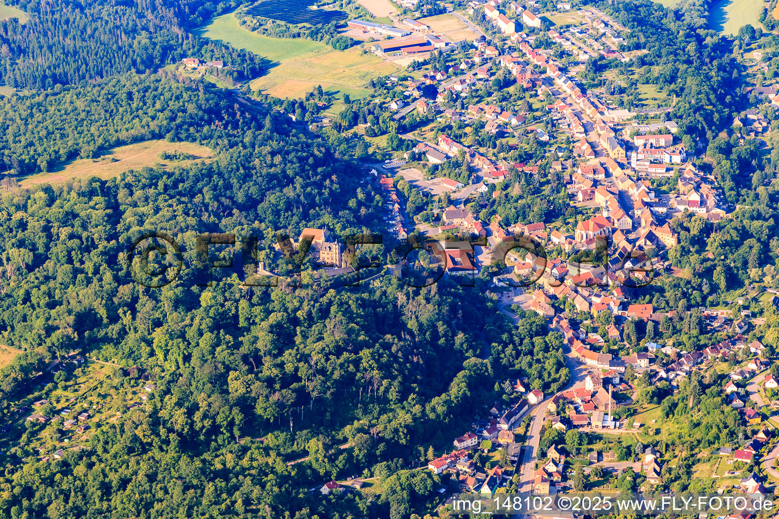 Vue aérienne de Vue de la ville depuis le nord avec le château Mansfeld à Mansfeld dans le département Saxe-Anhalt, Allemagne