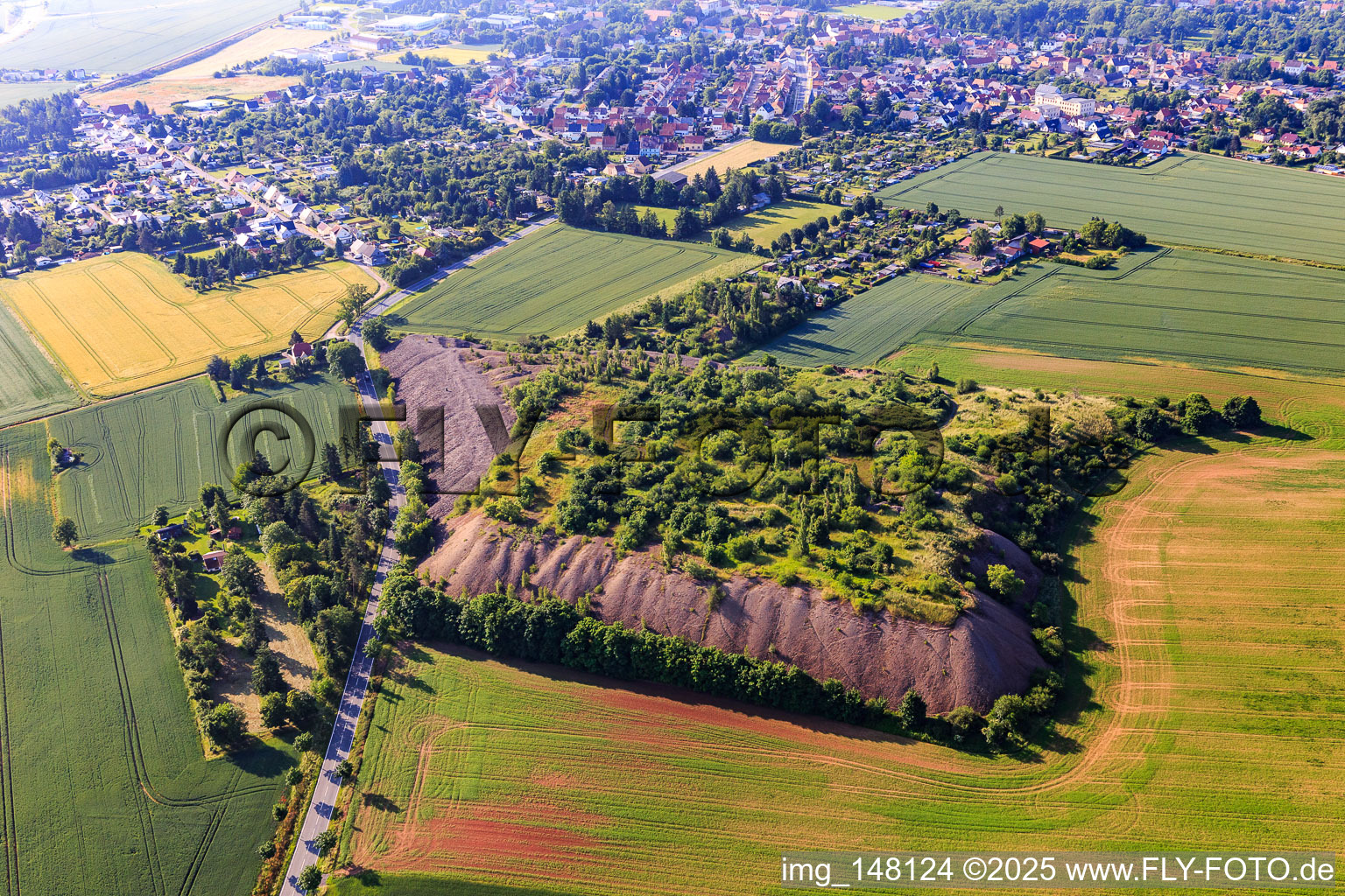Vue aérienne de Au Theodorschacht avec terril plat et renaturalisé à Klostermansfeld dans le département Saxe-Anhalt, Allemagne