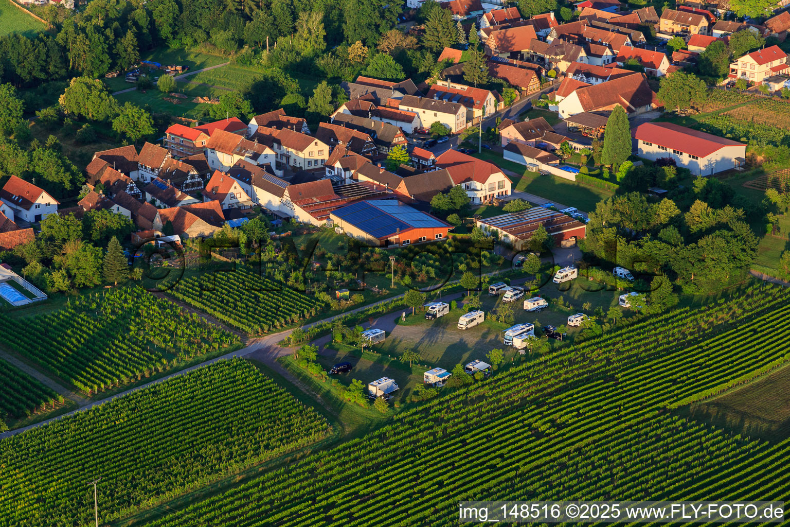 Vue aérienne de Vue du village le matin depuis le nord avec le parking des mobil-homes du Weinhaus Geiger à Dierbach dans le département Rhénanie-Palatinat, Allemagne
