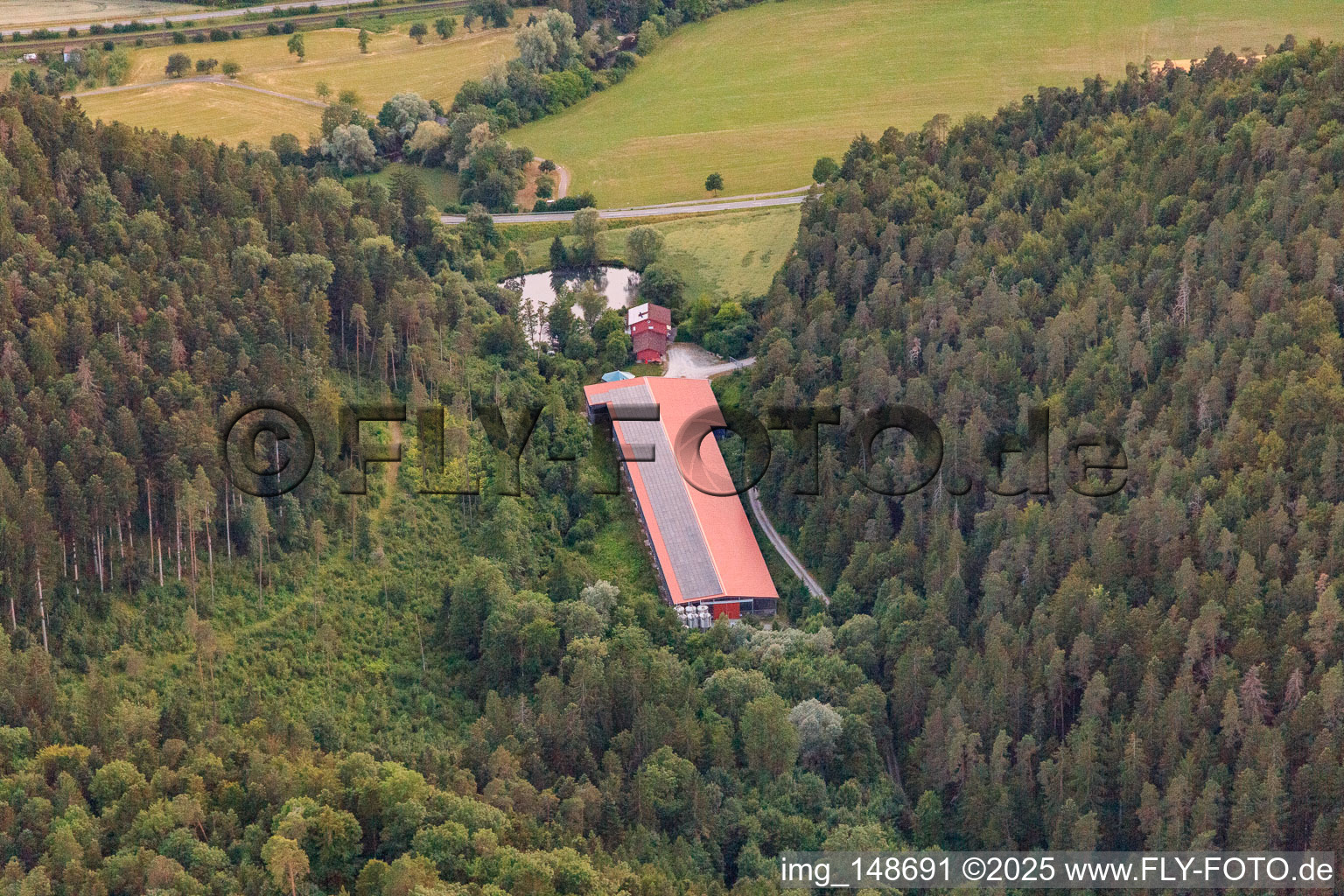 Vue aérienne de Halle agricole dans le Schenkbachtal à Epfendorf dans le département Bade-Wurtemberg, Allemagne