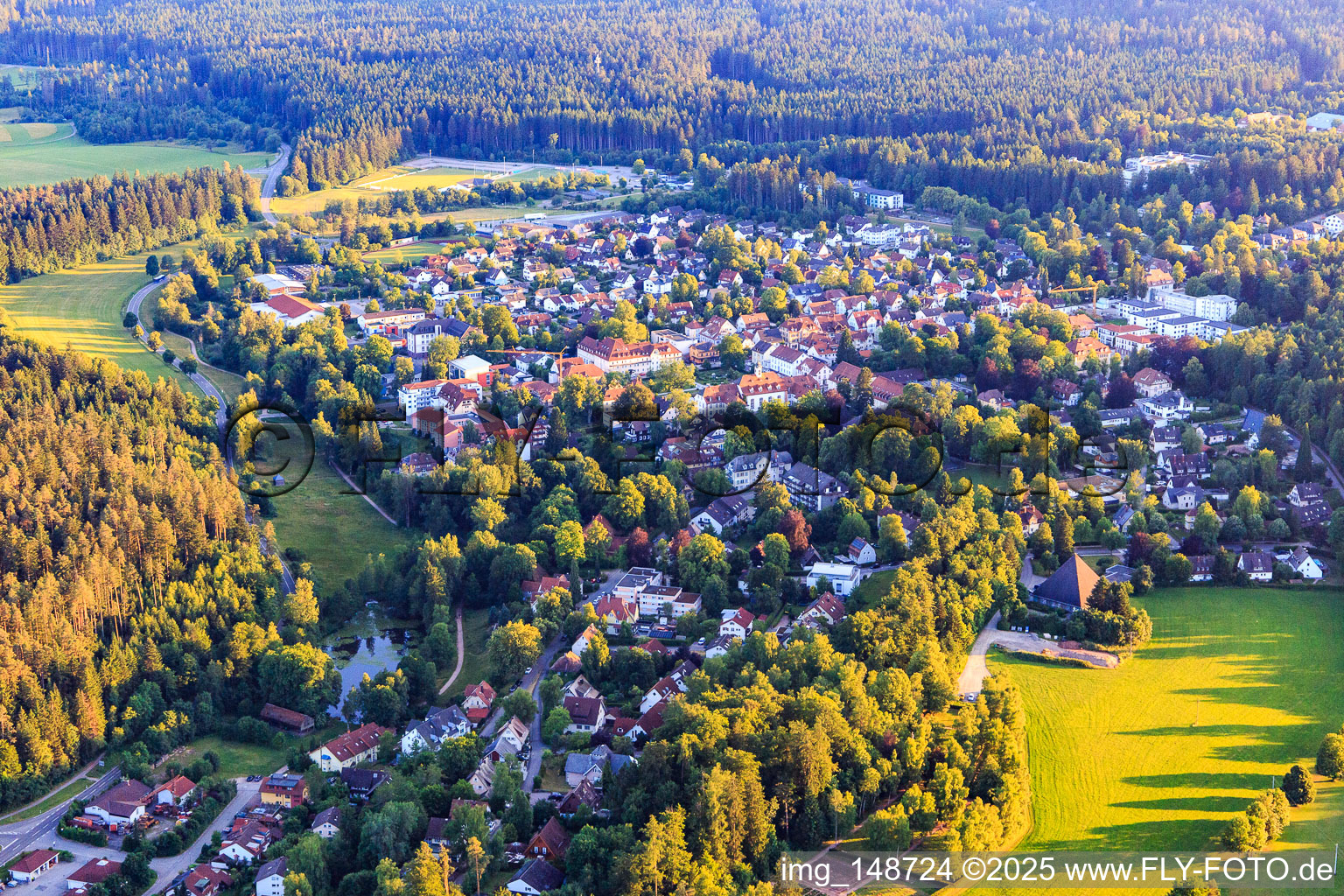 Vue aérienne de Vue de la ville depuis le nord-est à le quartier Burgberg in Königsfeld im Schwarzwald dans le département Bade-Wurtemberg, Allemagne