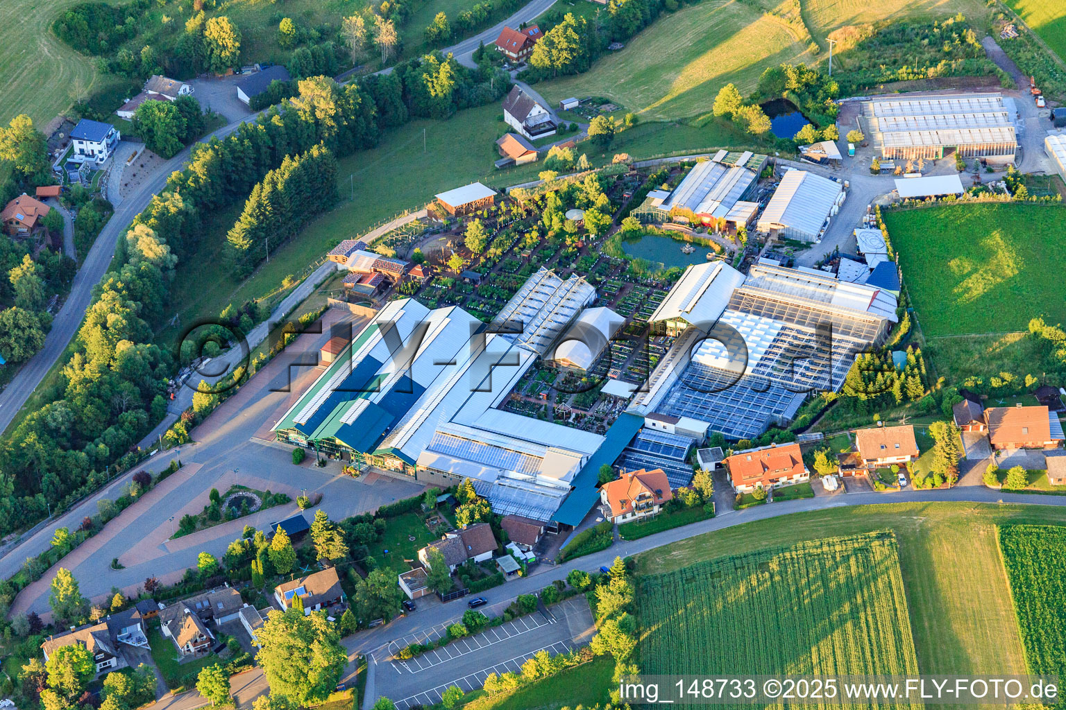 Vue aérienne de Pépinière Floraparadies de Weißer à le quartier Schabenhausen in Niedereschach dans le département Bade-Wurtemberg, Allemagne