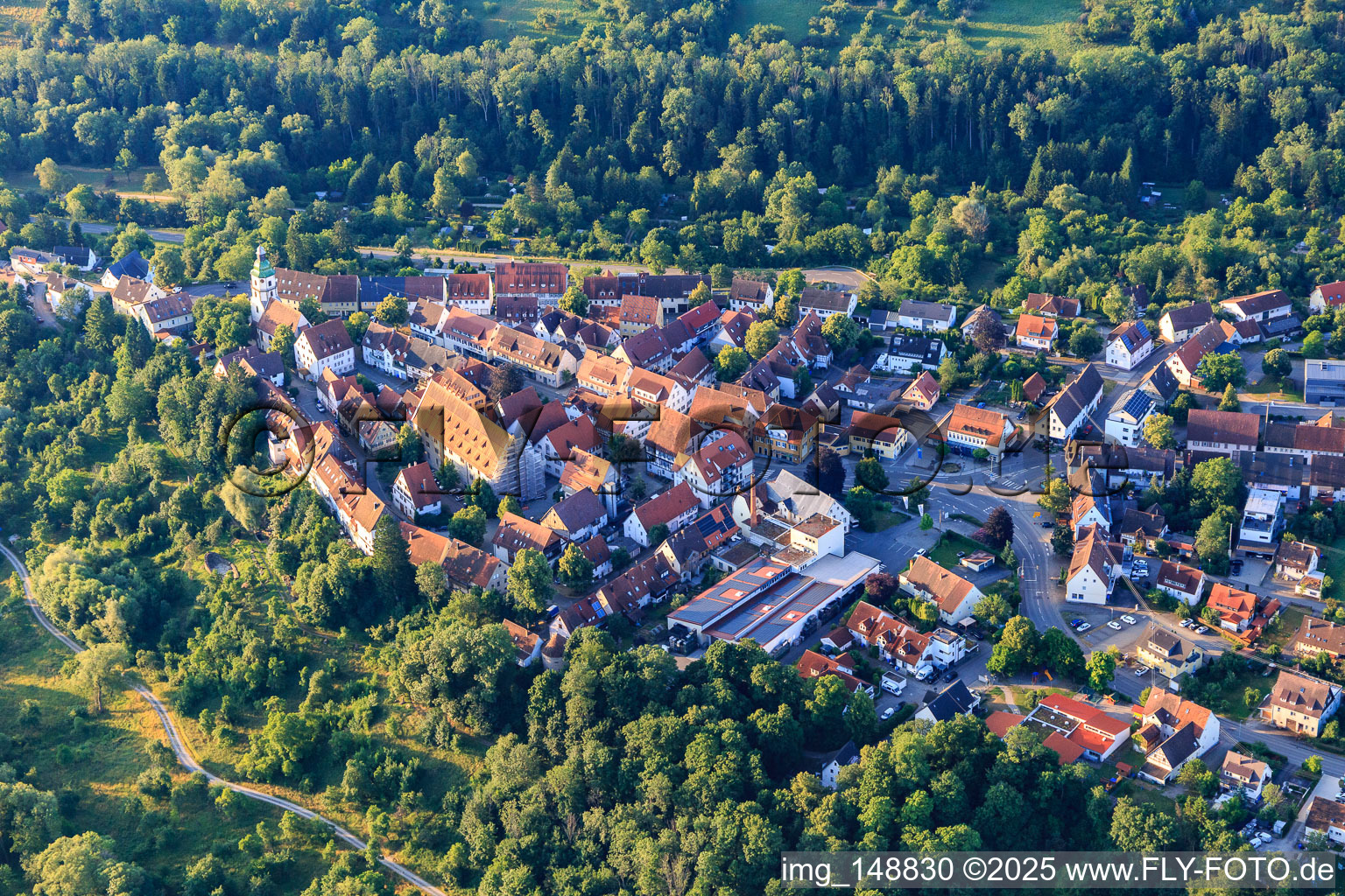Vue aérienne de Centre-ville historique avec Fruchtkasten et église de la ville à Rosenfeld dans le département Bade-Wurtemberg, Allemagne