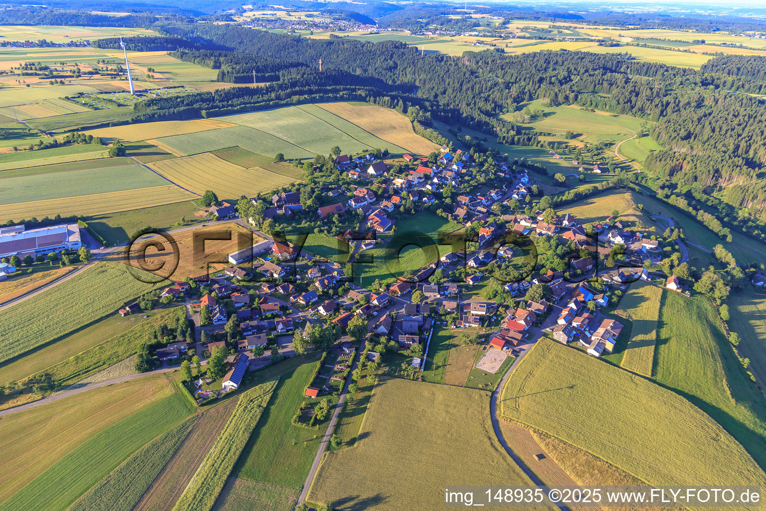 Vue aérienne de Vue du village depuis l'ouest à le quartier Römlinsdorf in Alpirsbach dans le département Bade-Wurtemberg, Allemagne