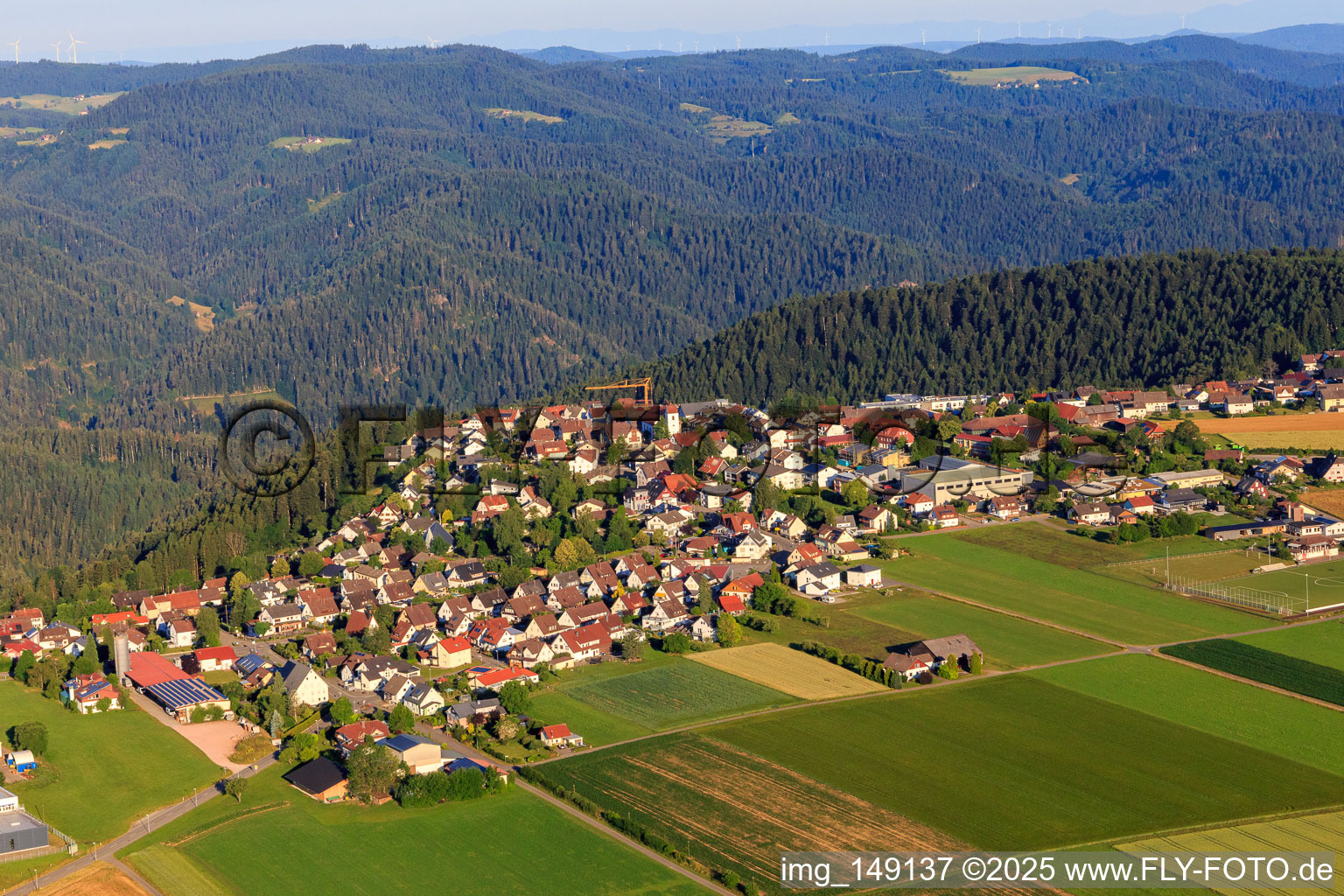 Vue aérienne de Vue de la ville depuis l'est avec la salle Josef Merz à le quartier Vorderaichhalden in Aichhalden dans le département Bade-Wurtemberg, Allemagne