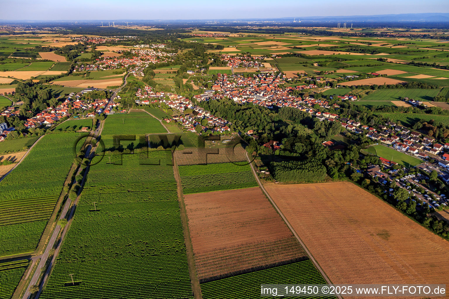 Vue aérienne de Vue du village depuis l'ouest à le quartier Ingenheim in Billigheim-Ingenheim dans le département Rhénanie-Palatinat, Allemagne