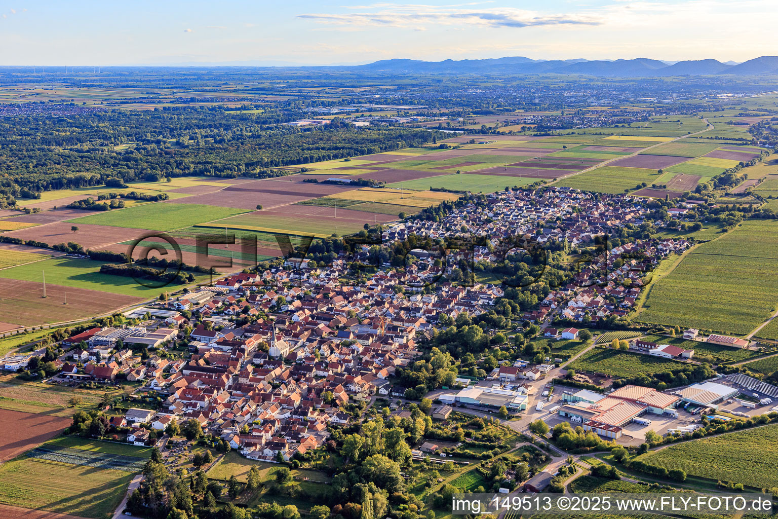 Vue aérienne de Vue du soir depuis le nord-est à le quartier Niederhochstadt in Hochstadt dans le département Rhénanie-Palatinat, Allemagne