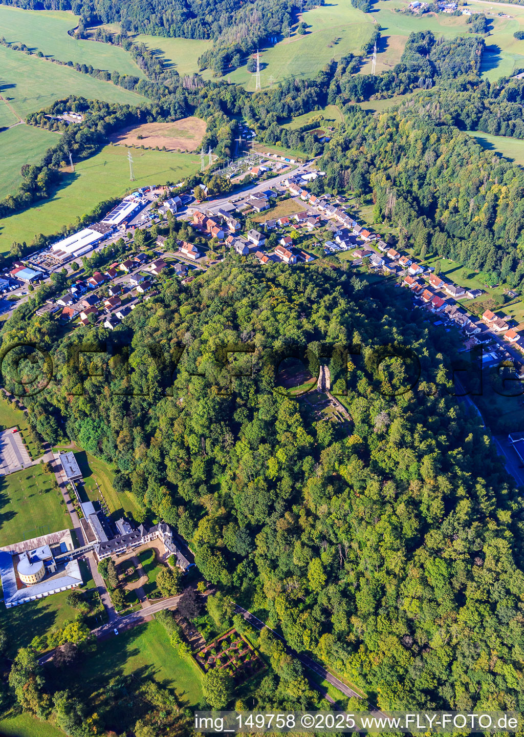 Vue aérienne de Ruines et fondations du château Dagstuhl dans la forêt à le quartier Dagstuhl in Wadern dans le département Sarre, Allemagne
