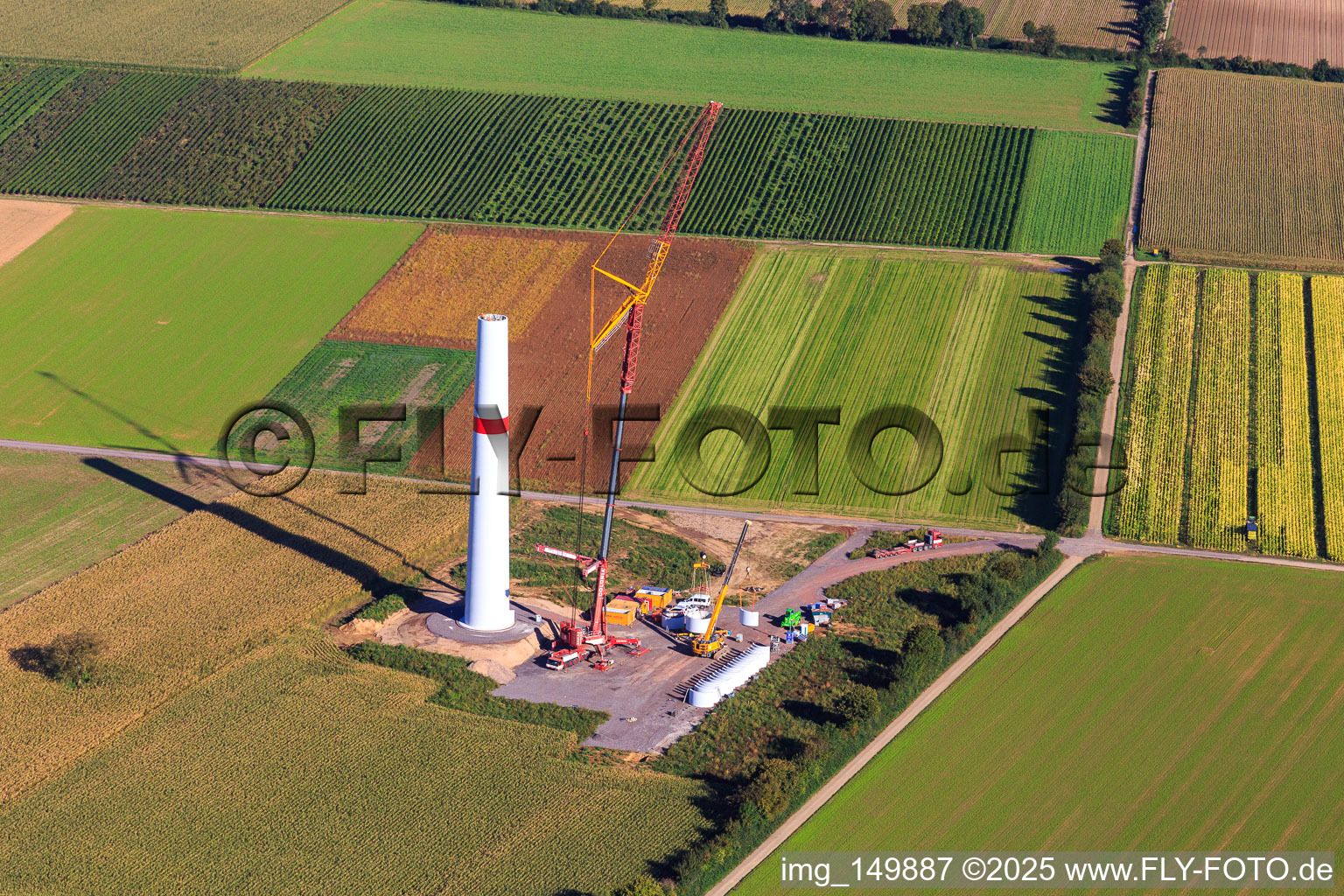 Modernisation du parc éolien Minfeld. JUWI remplace quatre anciennes turbines (GE 1.5) de 2004 par deux nouvelles turbines Vestas V162 modernes, chacune d'une puissance de six mégawatts. à Minfeld dans le département Rhénanie-Palatinat, Allemagne depuis l'avion