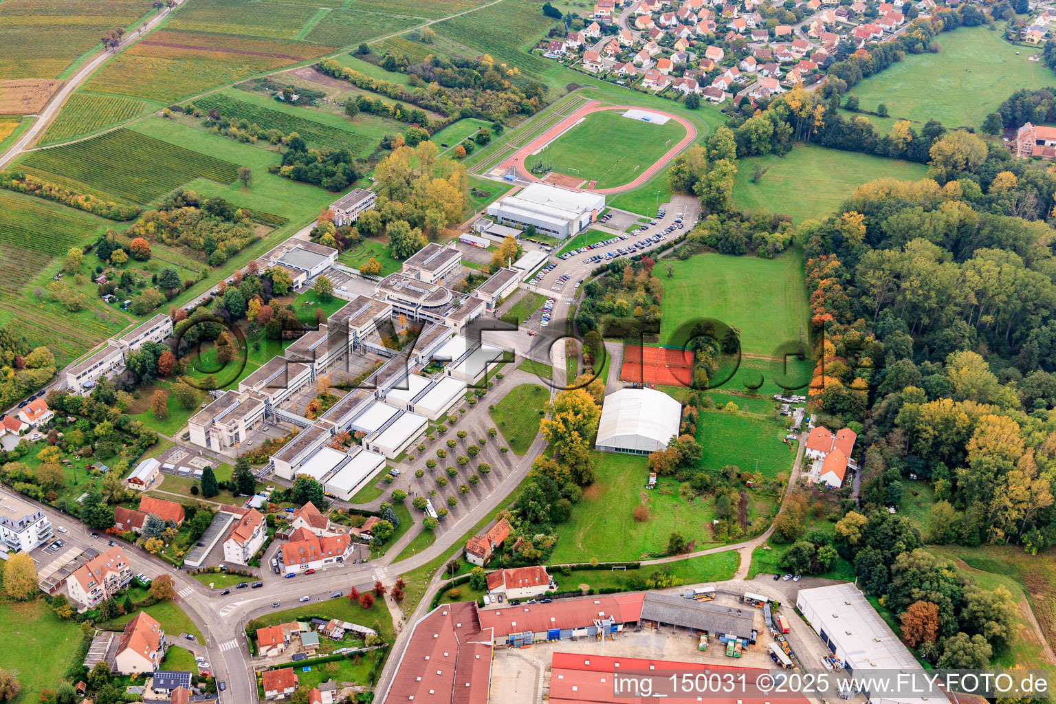 Vue aérienne de Lycée Stanislas Polyvalent (général, technologique et professionnel) à le quartier Altenstadt in Wissembourg dans le département Bas Rhin, France