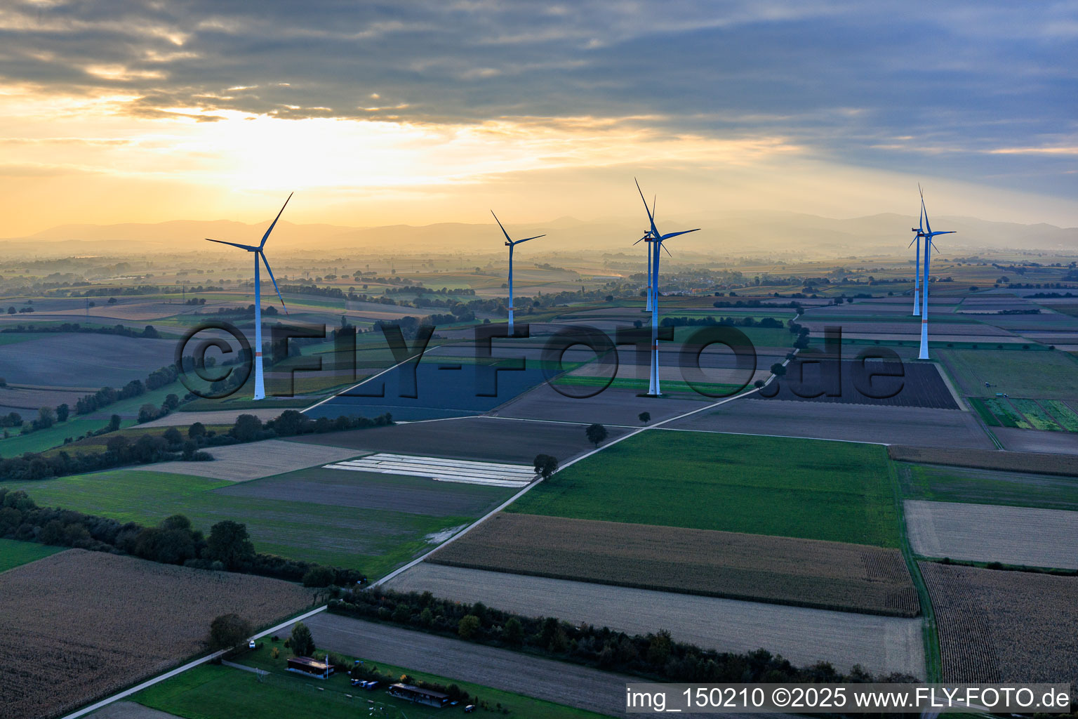 Vue aérienne de Parc éolien Freckenfeld dans la lumière du soir venant de l'ouest à Freckenfeld dans le département Rhénanie-Palatinat, Allemagne