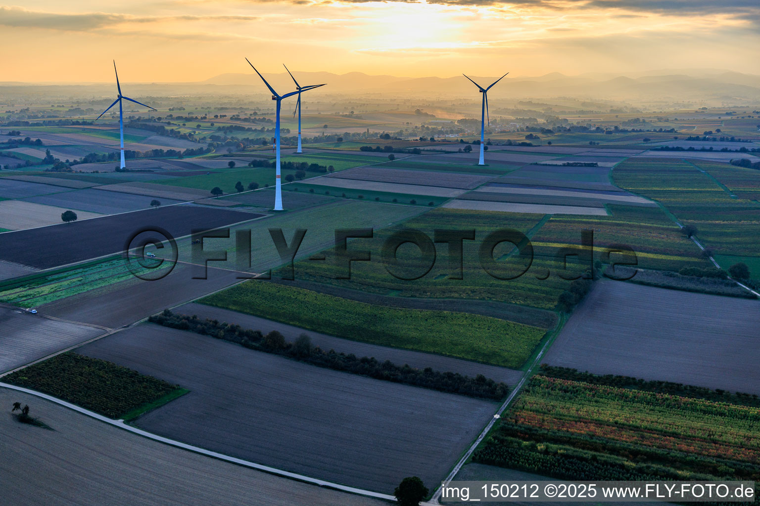 Vue aérienne de Parc éolien Freckenfeld dans la lumière du soir venant de l'ouest à Freckenfeld dans le département Rhénanie-Palatinat, Allemagne