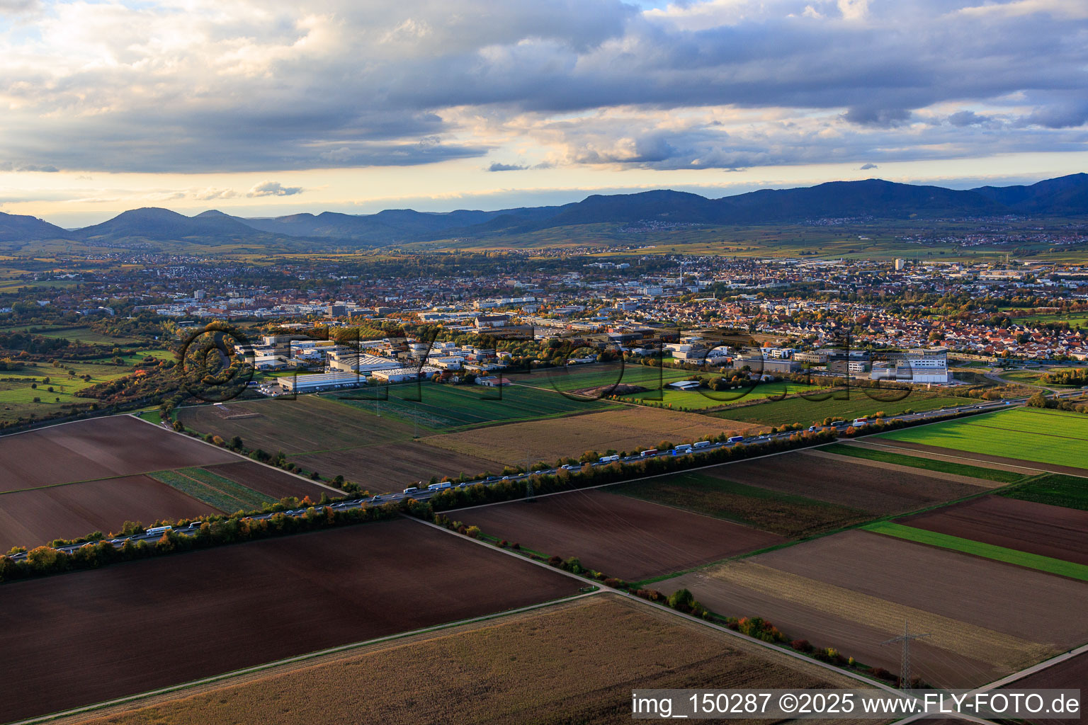 Vue aérienne de Zone industrielle de Birnbach, au-delà de l'A65 à Landau in der Pfalz dans le département Rhénanie-Palatinat, Allemagne