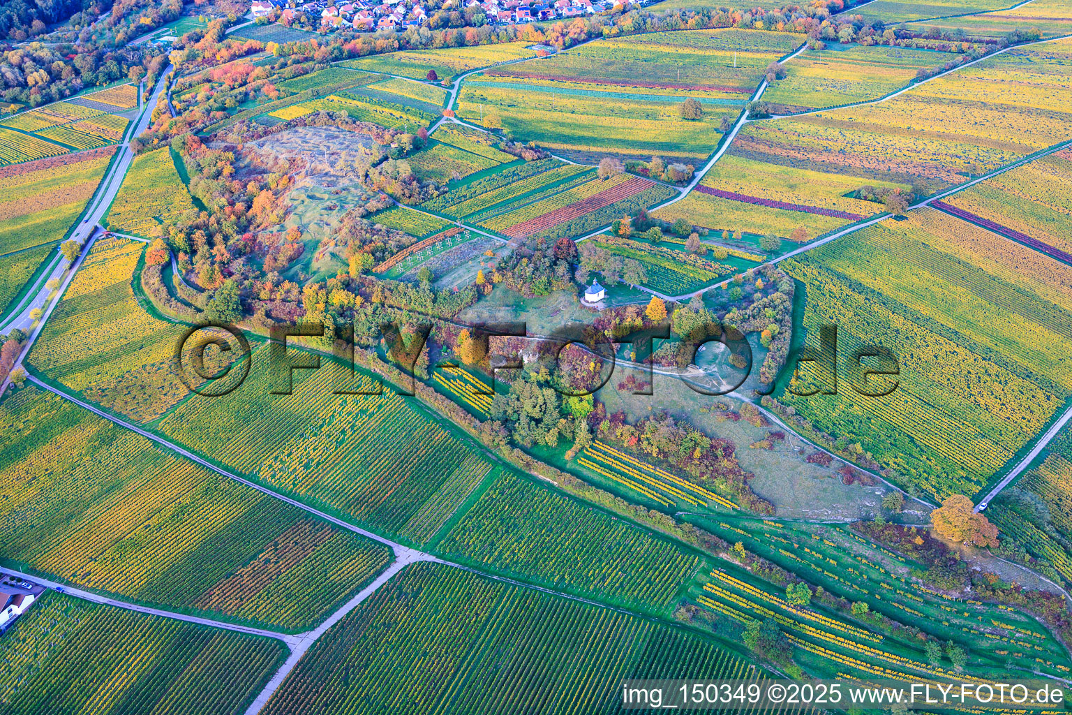 Vue aérienne de Réserve naturelle et chapelle "Kleine Kalmit" à le quartier Arzheim in Landau in der Pfalz dans le département Rhénanie-Palatinat, Allemagne