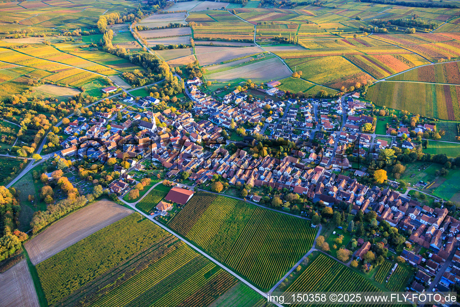 Vue aérienne de Vue du village depuis le nord-ouest, niché entre des vignobles aux couleurs flamboyantes de l'automne. à Göcklingen dans le département Rhénanie-Palatinat, Allemagne