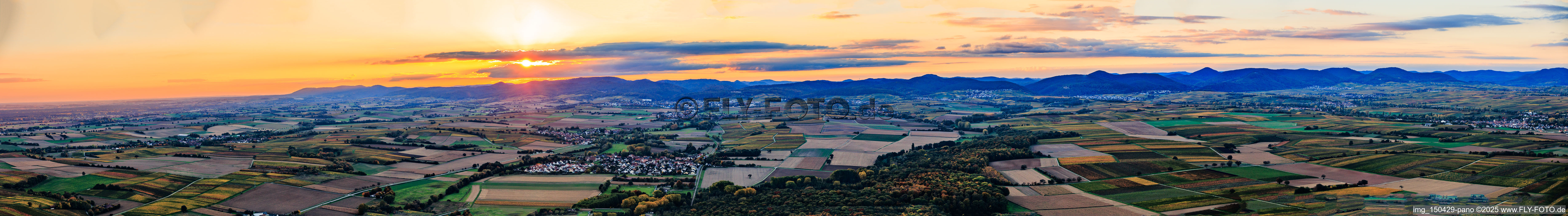 Vue aérienne de Panorama des monts Haardt en soirée, sur la route des vins du sud, de Schweigen à Mörzheim. à Niederhorbach dans le département Rhénanie-Palatinat, Allemagne