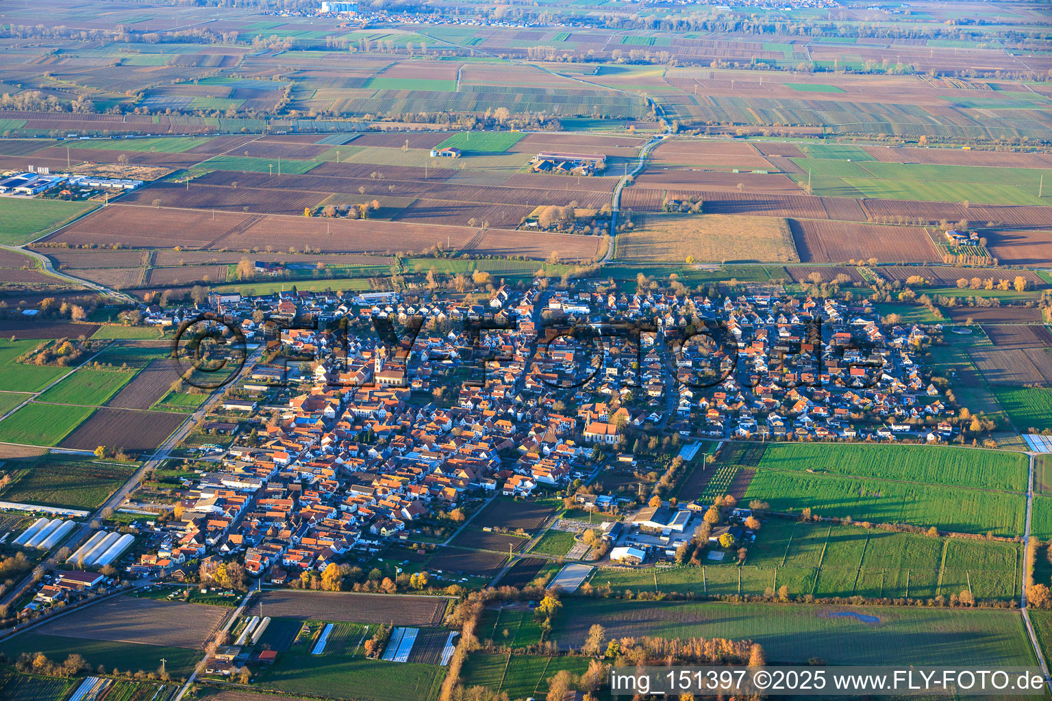 Vue aérienne de Du sud à Zeiskam dans le département Rhénanie-Palatinat, Allemagne