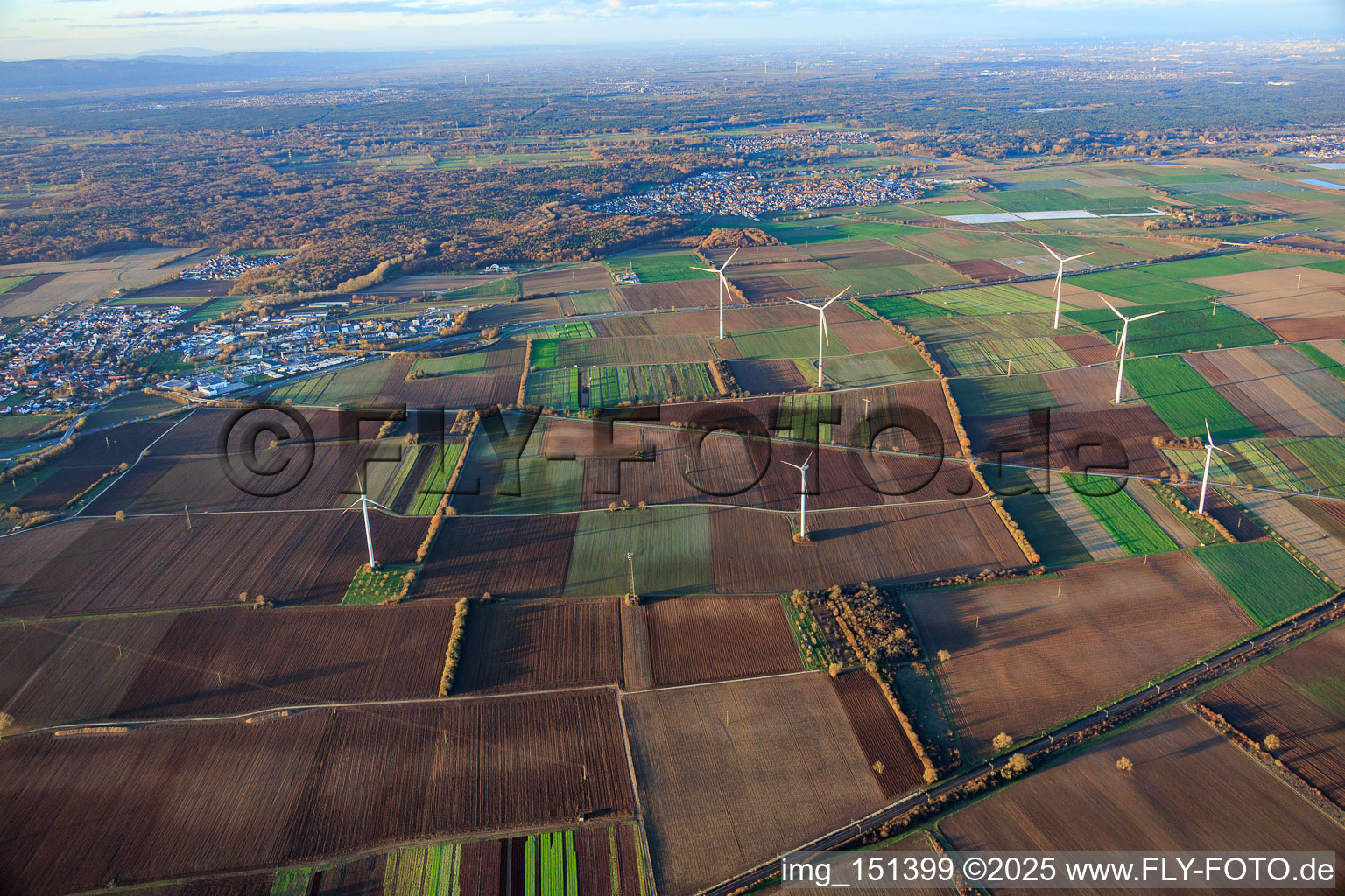 Vue aérienne de Parc éolien à Schwegenheim dans le département Rhénanie-Palatinat, Allemagne