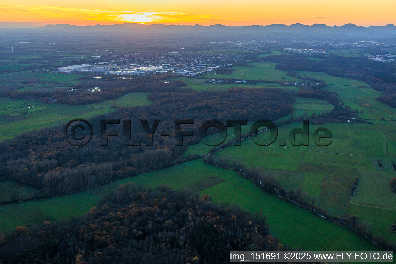 Vue aérienne de Réserve naturelle de la plaine inondable de Queich en soirée à Ottersheim bei Landau dans le département Rhénanie-Palatinat, Allemagne