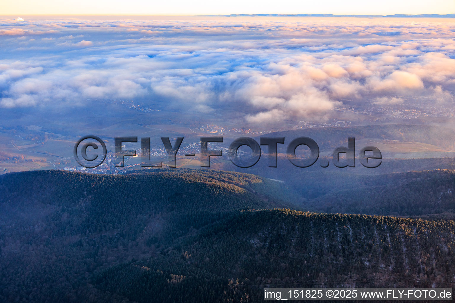 Vue aérienne de Vue de la ville depuis l'ouest, entre nuages et montagnes à le quartier Gleiszellen in Gleiszellen-Gleishorbach dans le département Rhénanie-Palatinat, Allemagne
