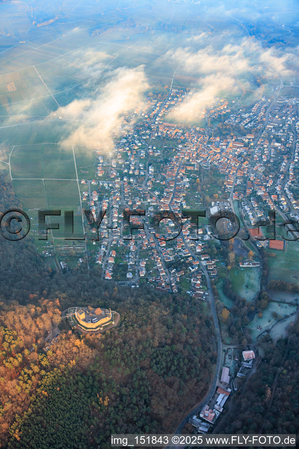Vue aérienne de Vue de la ville depuis l'ouest, avec le château de Landeck baigné par la lumière du soir. à Klingenmünster dans le département Rhénanie-Palatinat, Allemagne