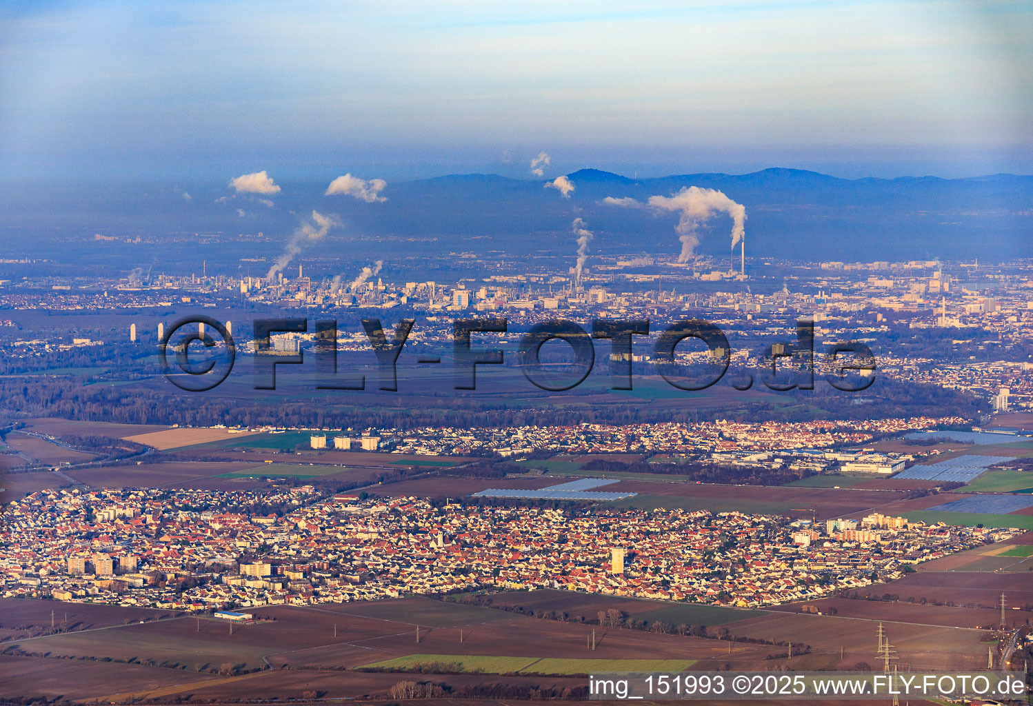 Vue aérienne de Vue depuis Mutterstadt à le quartier BASF in Ludwigshafen am Rhein dans le département Rhénanie-Palatinat, Allemagne
