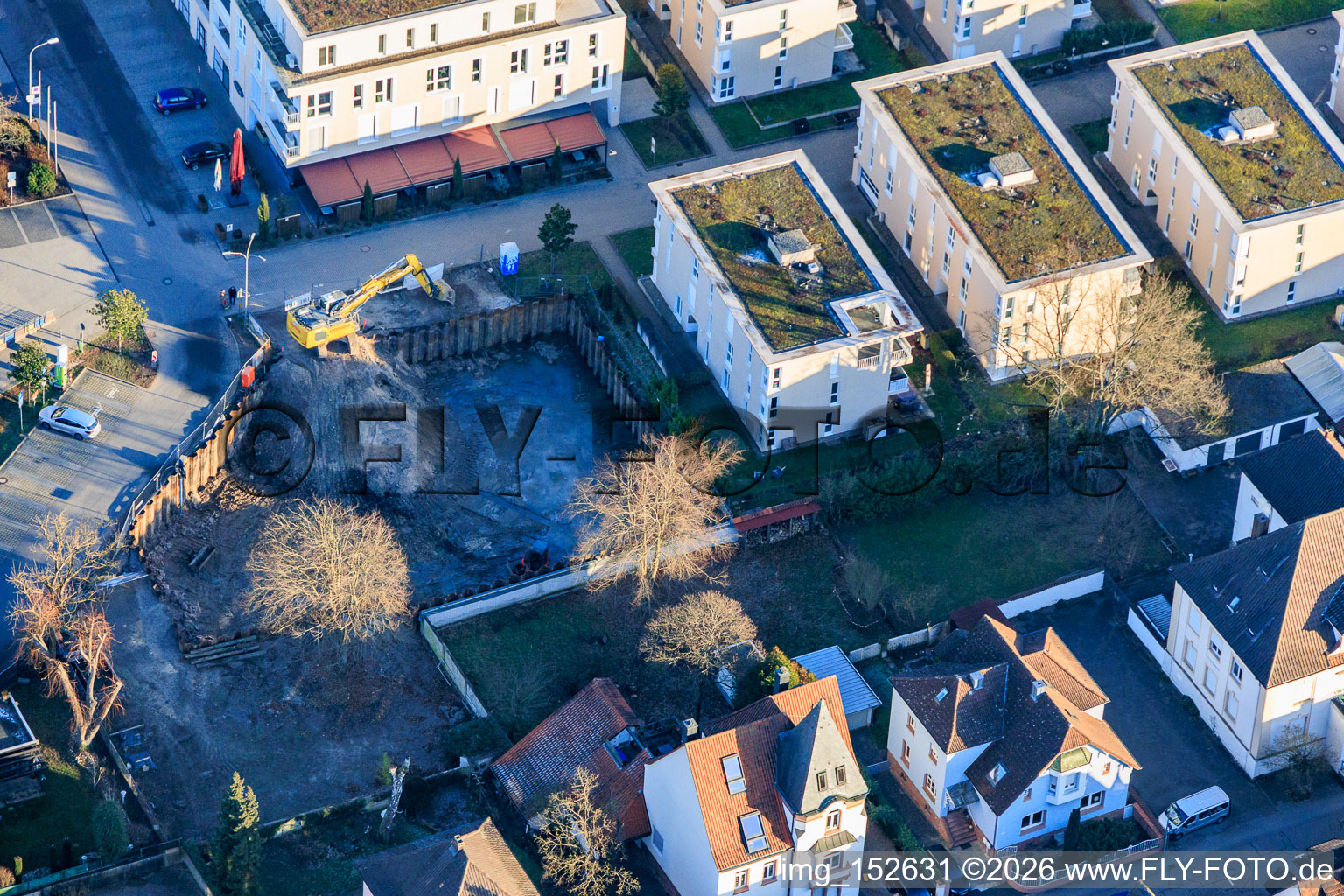 Photographie aérienne de Fosse de construction pour l'agrandissement du complexe résidentiel en centre-ville à Wörth am Rhein dans le département Rhénanie-Palatinat, Allemagne