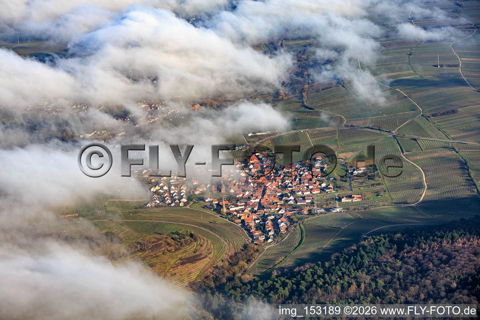 Vue aérienne de Village viticole sous les nuages de l'ouest à Birkweiler dans le département Rhénanie-Palatinat, Allemagne