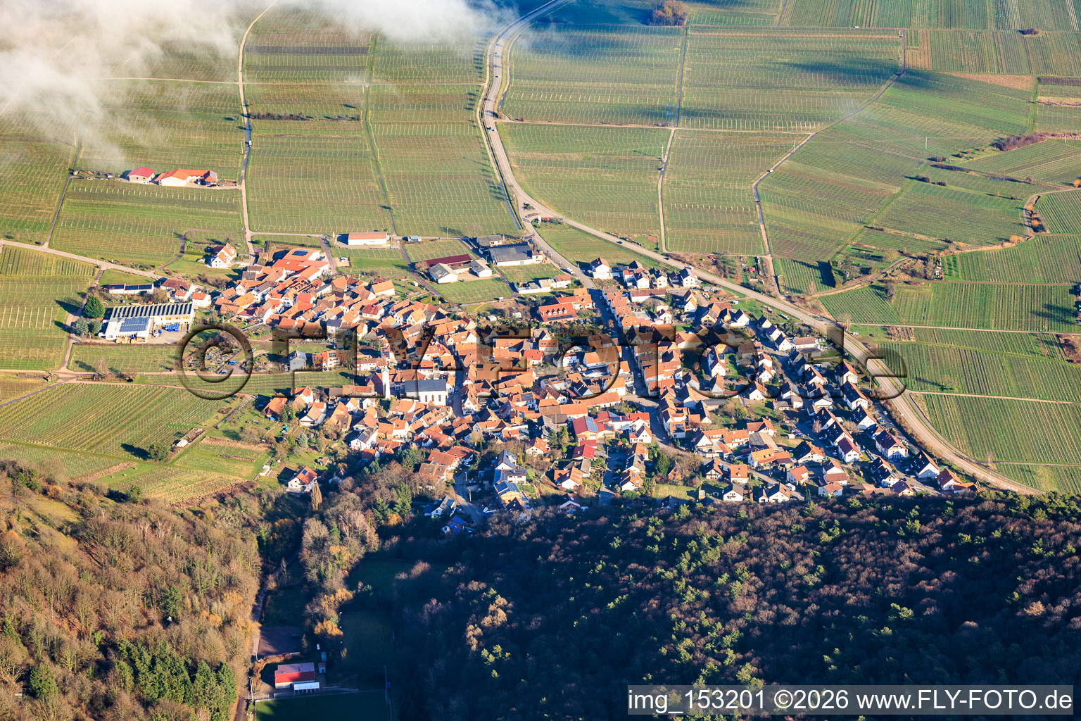 Vue aérienne de Village viticole sous les nuages de l'ouest à Eschbach dans le département Rhénanie-Palatinat, Allemagne