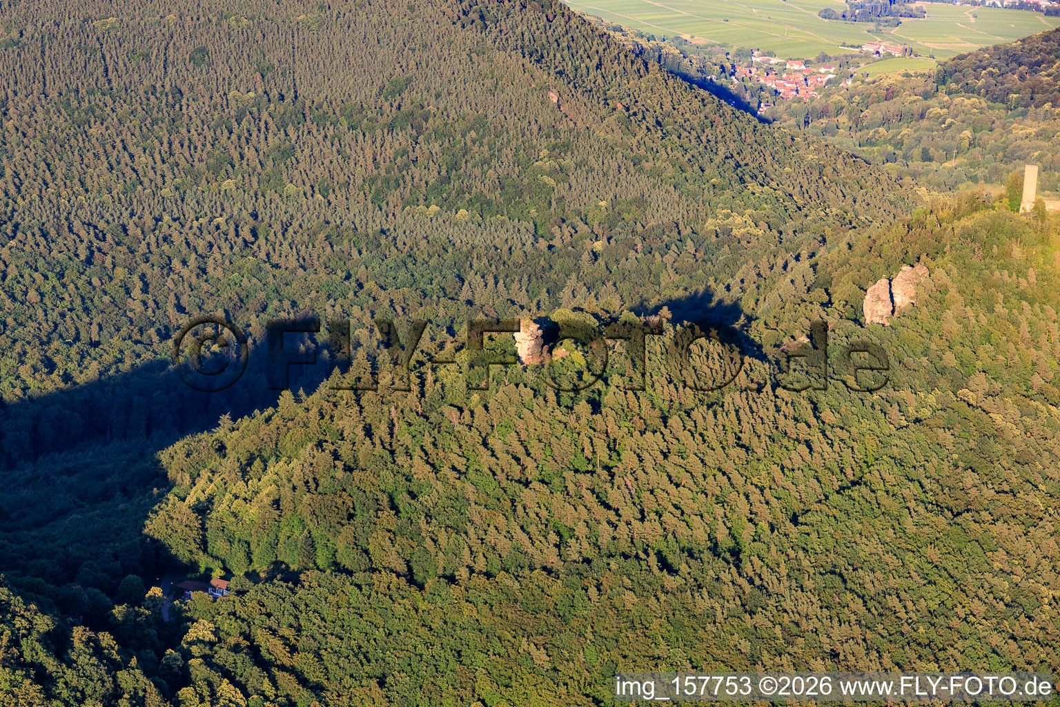 Rochers et châteaux : Anebos, Jungturm Münz et tour rénovée Scharfenberg à Leinsweiler dans le département Rhénanie-Palatinat, Allemagne