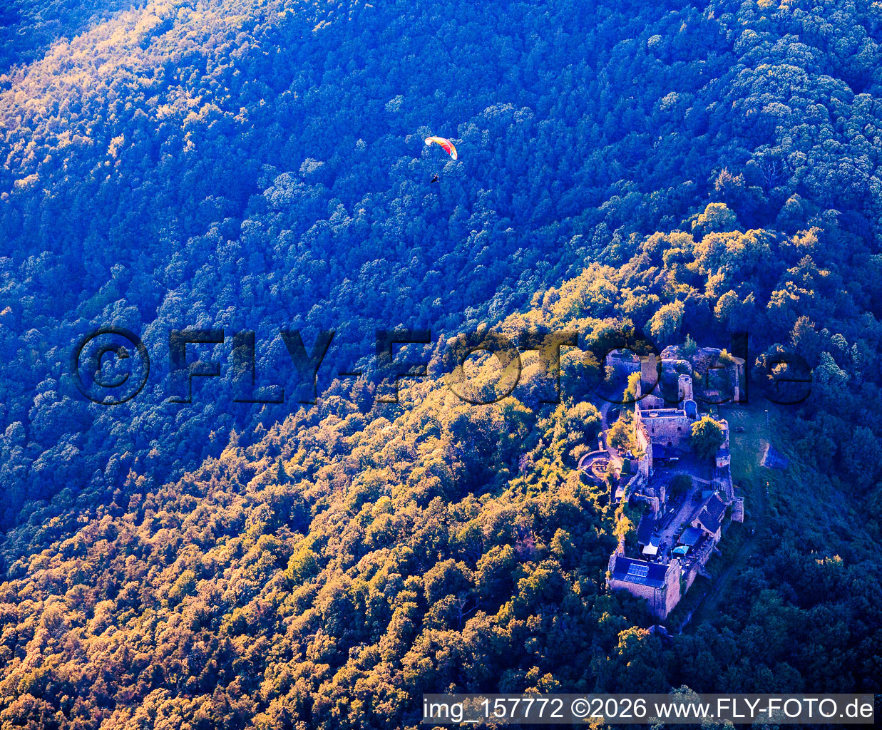 Ruines du château de Madenburg vues en parapente depuis le sud-est à Eschbach dans le département Rhénanie-Palatinat, Allemagne