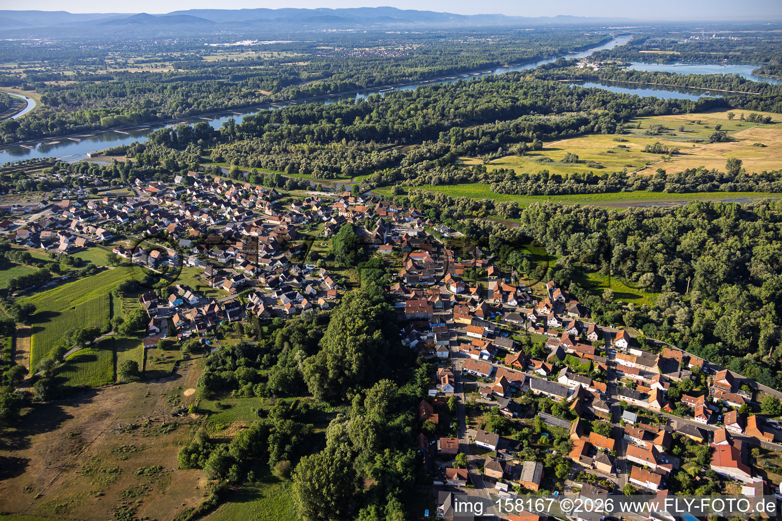 Vue du village depuis le nord-ouest, à l'embouchure de la Sauer dans le Rhin. à Munchhausen dans le département Bas Rhin, France