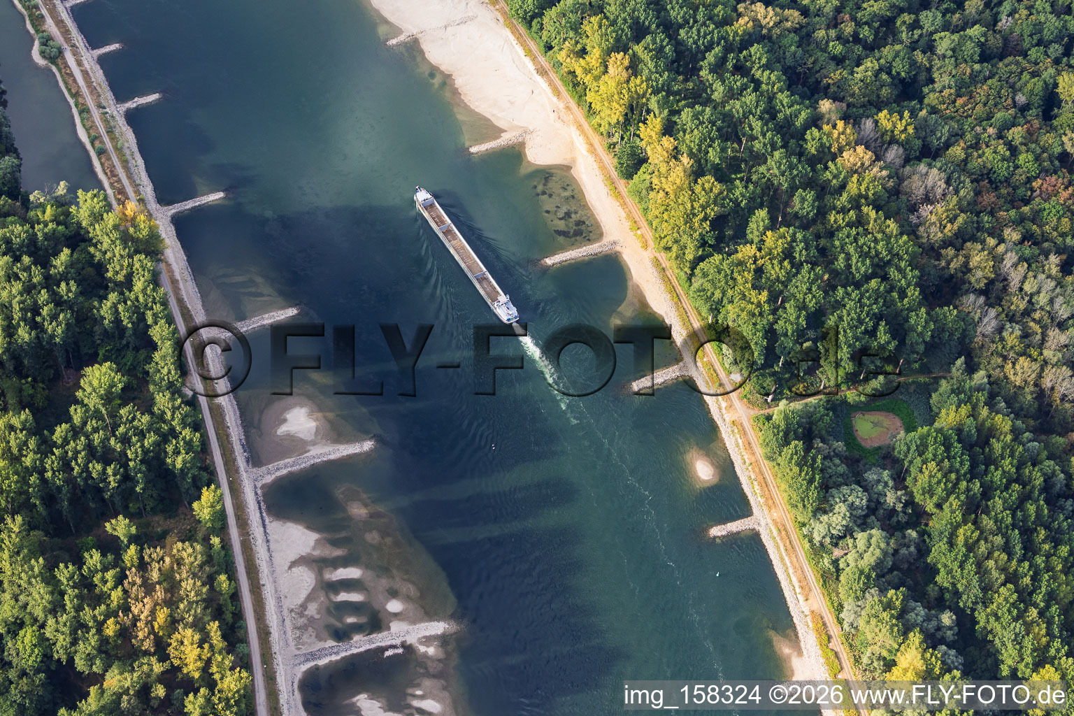 Cargo vide à marée basse sur le Rhin entre Hördter Rheinaue et Dettenheim à Hördt dans le département Rhénanie-Palatinat, Allemagne
