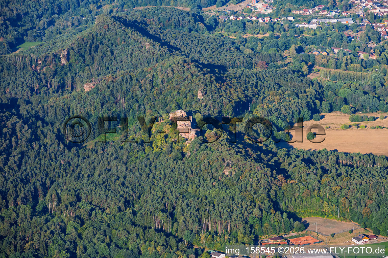 Massif du château d'Altdahn vu du nord-est avec les ruines des châteaux de Grafendahn et de Tanstein à Dahn dans le département Rhénanie-Palatinat, Allemagne