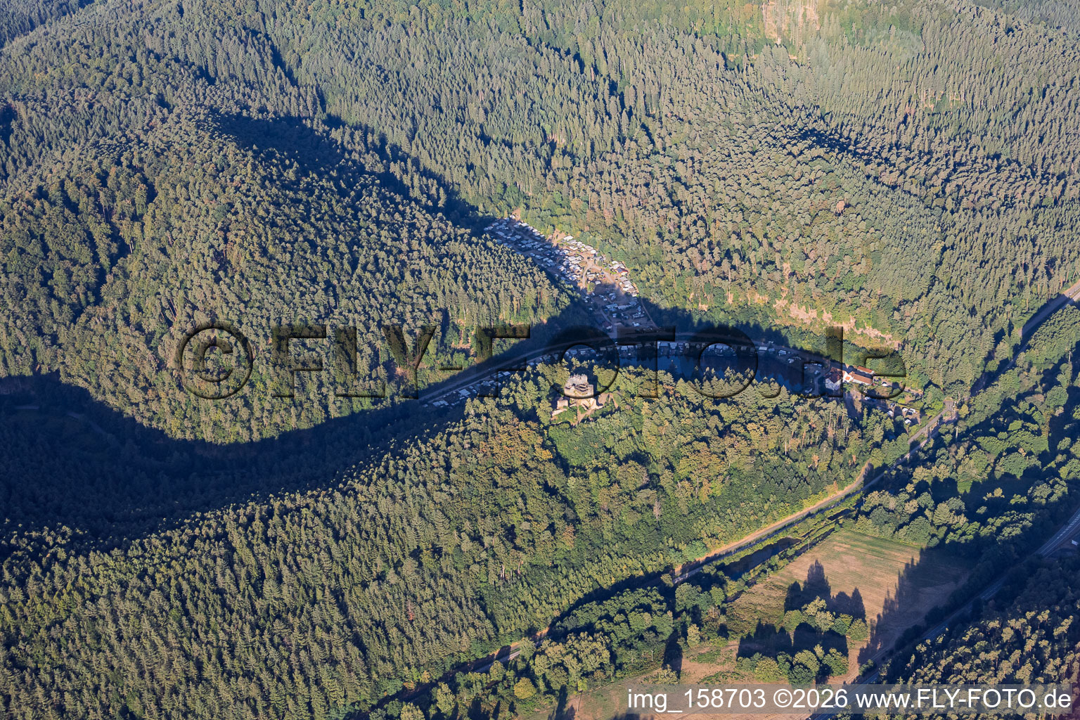 Ruines du château de Neudahn surplombant l'étang du Neudahn à Dahn dans le département Rhénanie-Palatinat, Allemagne