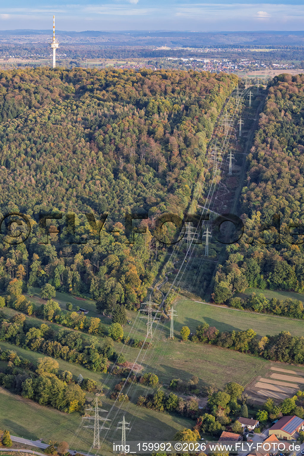 Percée forestière pour une ligne à haute tension, le long du sentier des pylônes électriques à Ettlingen dans le département Bade-Wurtemberg, Allemagne