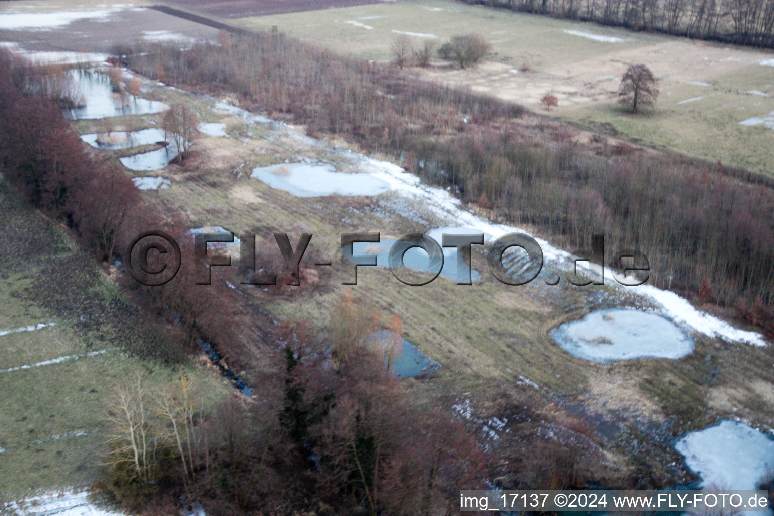 Vue aérienne de Piscines couvertes de neige en hiver et surface d'eau de marécage dans un paysage d'étang à Minfeld dans le département Rhénanie-Palatinat, Allemagne